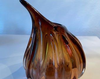 Handblown Art Glass Brown Gourd Shaped Vase Mid Century Modern