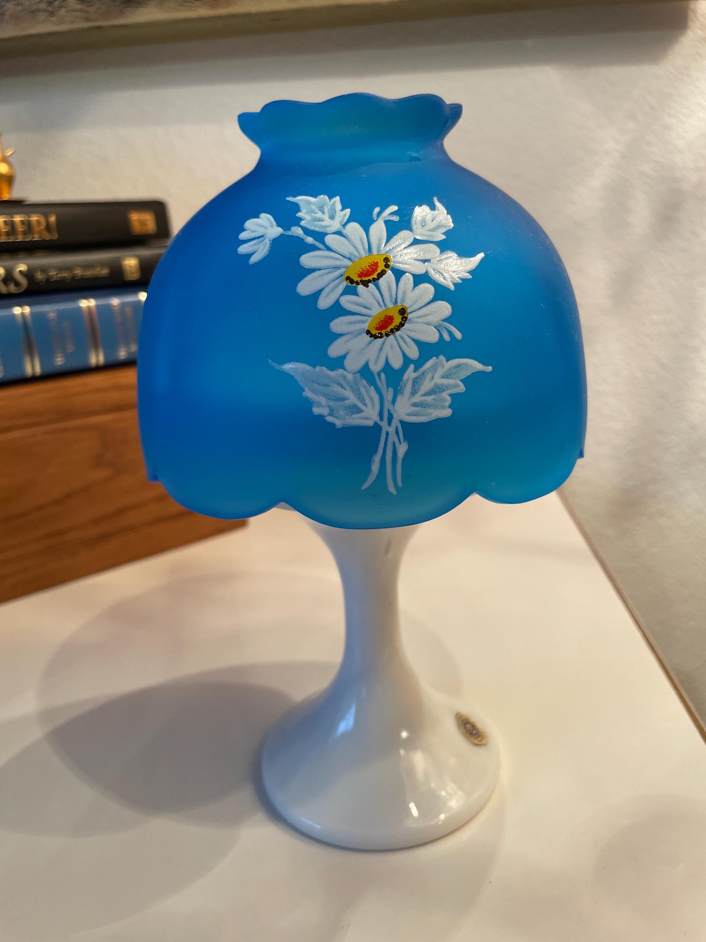 Westmoreland Fairy Lamp Blue Satin Glass Hand Painted Daisies Milk