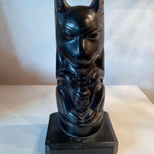 Vintage Black Tiki Totem Pole Figurine | Pacific Northwest Black Totem Figurine Statue Art Sculpture