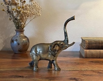 Vintage Brass Elephant Figurine Upraised Trunk Lucky Animal Statue Collectible Brass Home Decor Shelf Display Accent