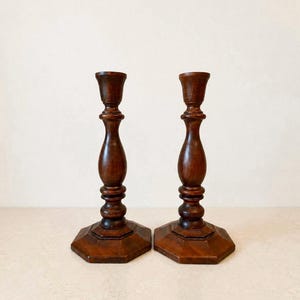 Vintage Walnut Wood Candlestick Holders Pair | Traditional Turned Wooden Candle Stands | Mid Century Hexagon Base Table Centerpiece Pillars