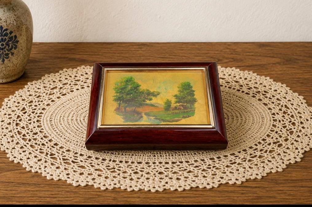 風景画が描かれたヴィンテージ風木製小物入れ｜オルゴール付き
