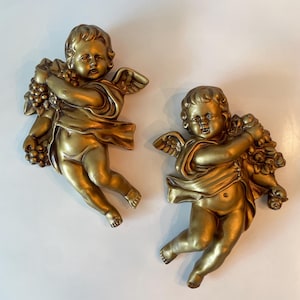 Vintage Gold Chalkware Cherub Wall Hanging Angel Cupid Lot of 2 | 2 Dickson Angel Figurine Wall Decor | Made in Japan Angel Cherub Gold