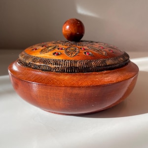 Vintage Polish Hand Carved Wooden lidded Box | Wooden Trinket Box with Brass Inlaid Lid | Lidded Wooden Jewelry Box | Decorative Lidded Bowl