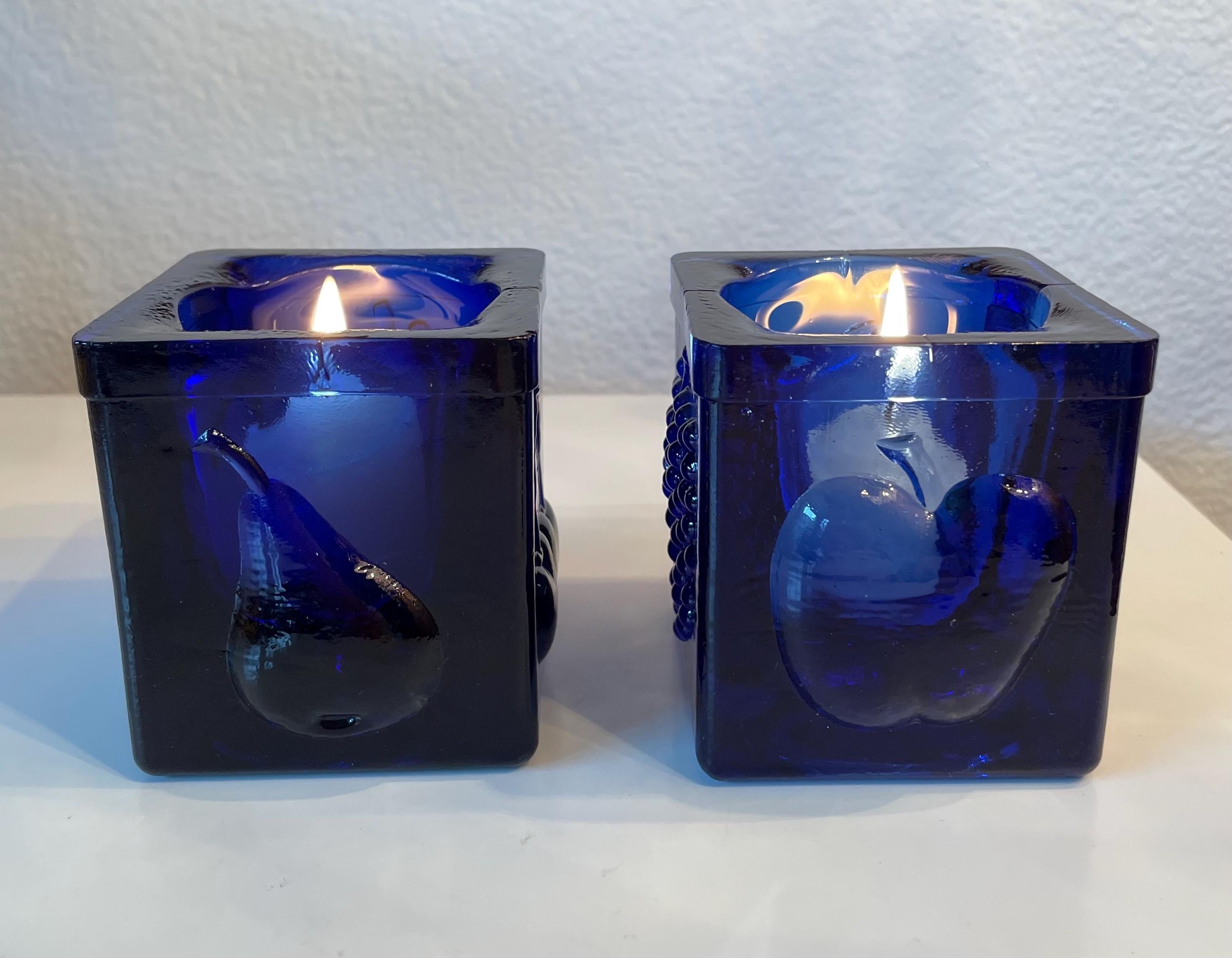 ヴィンテージ コバルトブルー キャンドルホルダー 2個セット | プレス