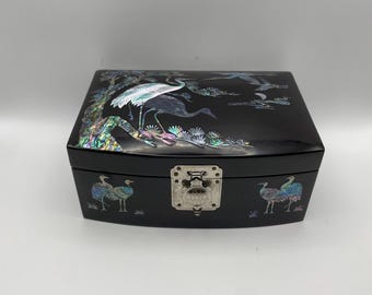 Perlmutt Kranich Schmuckschatulle Vintage | Schmuckschatulle im koreanischen Lackstil | Aufbewahrungsbox mit schwarzer Inlay
