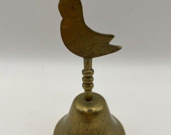 Hand-Etched Brass Bird Bell: Floral Engraved Desk Decor