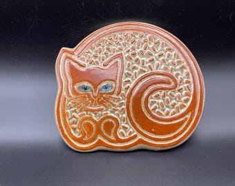 Vintage Ceramic Cat Trivet | Blue Eyed Feline Wall Decor | Mid Century Style Cat Tile Plaque | Retro Kitty Decor