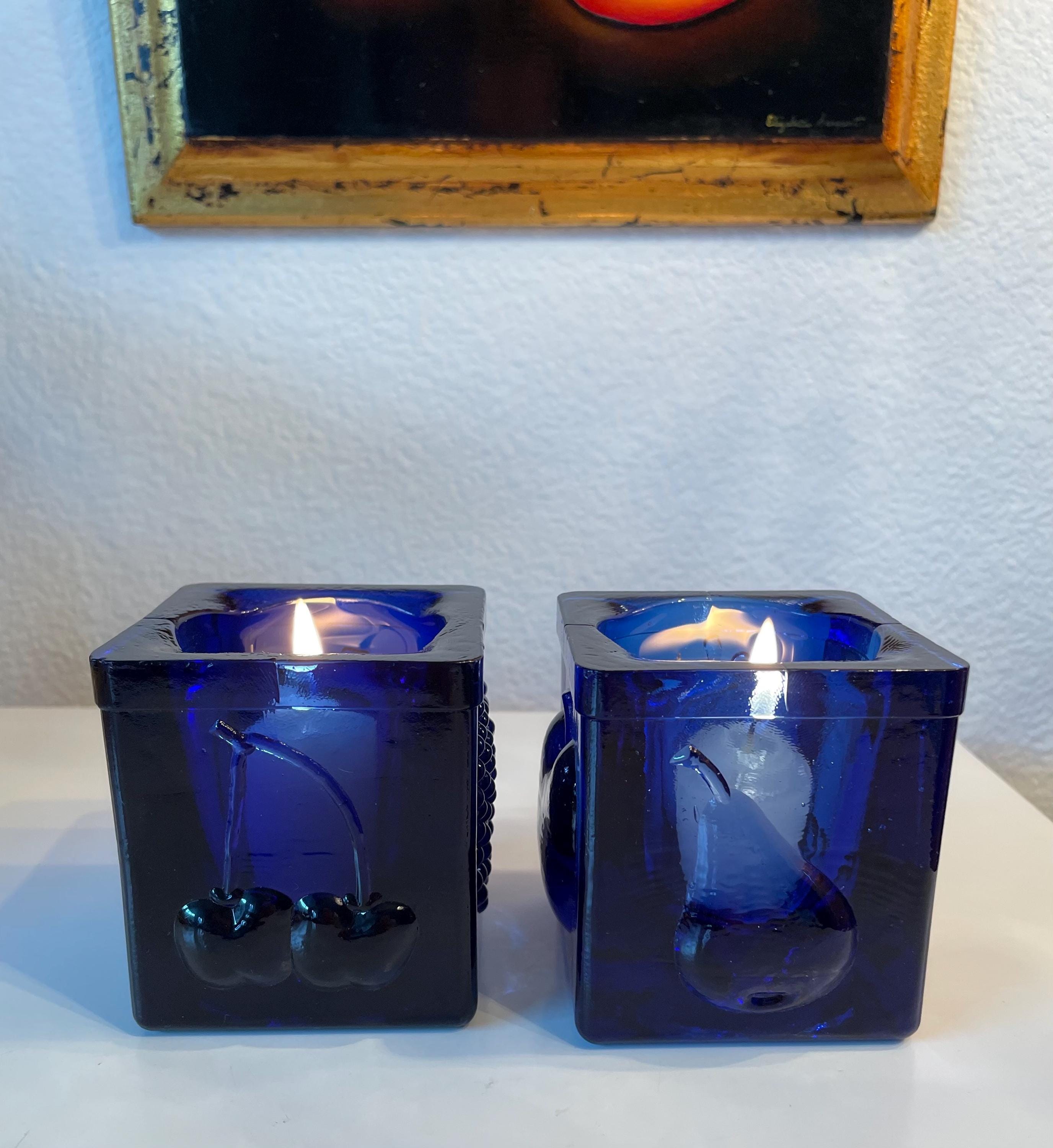 ヴィンテージ コバルトブルー キャンドルホルダー 2個セット | プレス