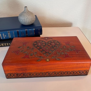 Vintage Wooden Trinket Box Brass Inlay Heart Design | Brass Inlay Heart Jewelry Box | Heart Design Storage Wood Box