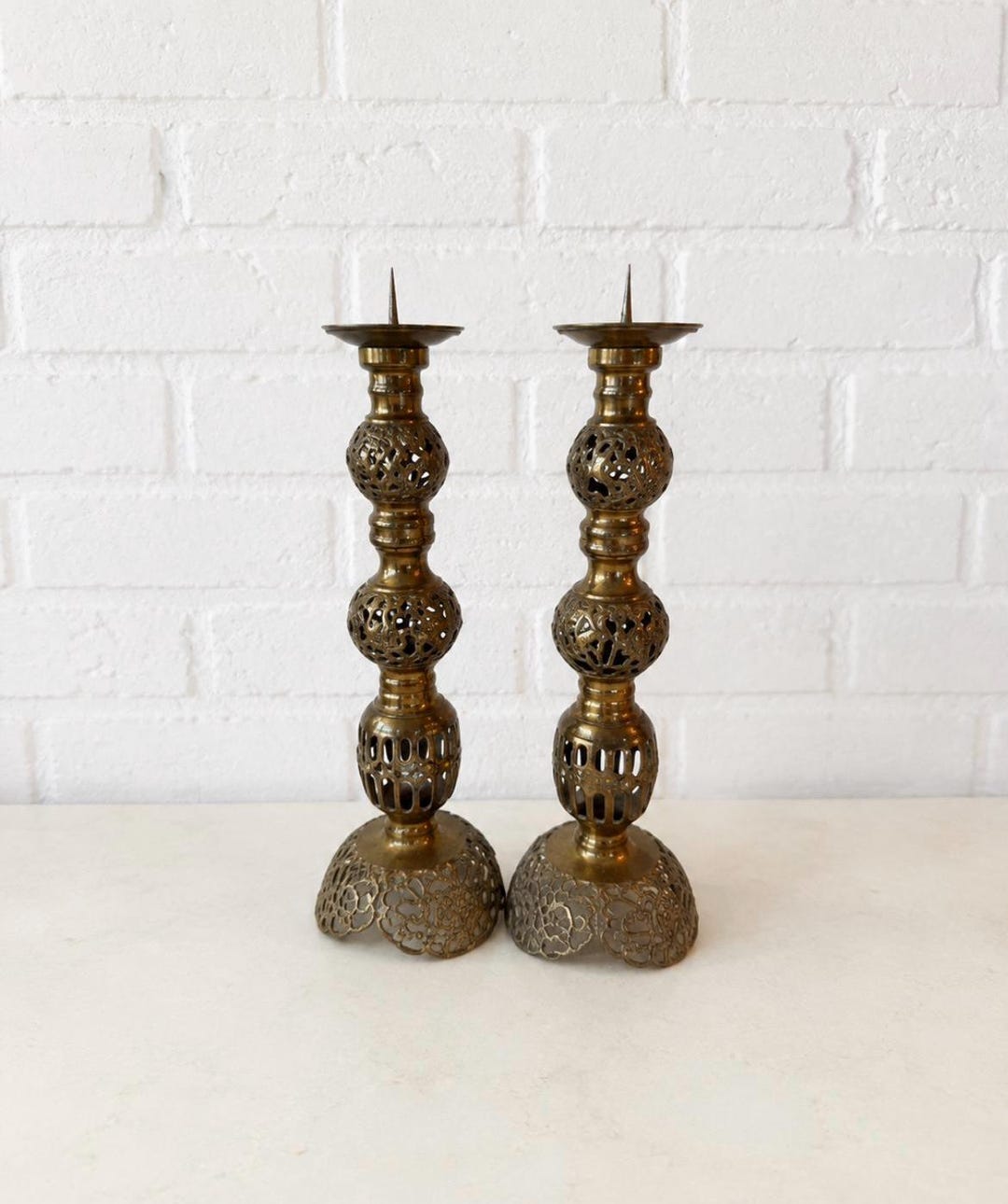 Vintage Brass Pricket Candlestick Pair 14.5 Inch, Ornate Pierced