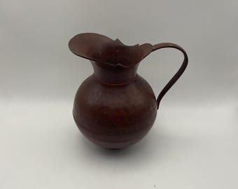 Vintage Hammered Copper Pitcher, Handcrafted Mottled Red Patina Ewer, Non-Magnetic Arts & Crafts Studio Metalwork Water Jug with Handle