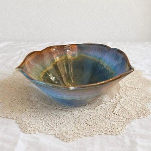 Bill Campbell Drip Glaze Pottery Lotus Bowl Signed, Blue Riffled Ege Ceramic Centerpiece