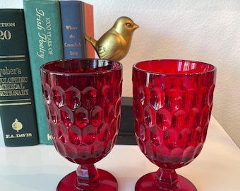 Vintage Fenton 2 Goblets Ruby Red Thumbprint Footed Ice Tea Water Glasses |  2 Fenton Runy Red Wine Glass | Vintage Fenton Glass Collectible