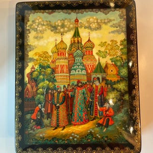 Russian Handpainted Lacquer Trinket Box | Handmade Lacquer Black Box | Jewelry Box |  Artist Signed Russian Hand Painted Storage Box |