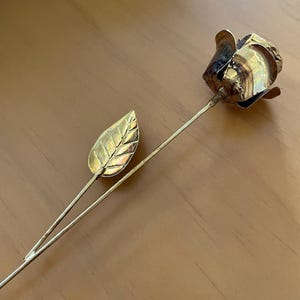 Vintage Gold Tone Metal Rose Stem Flower | 3D Metal Flower | Gold Metal Single Rose | Metal Flowers