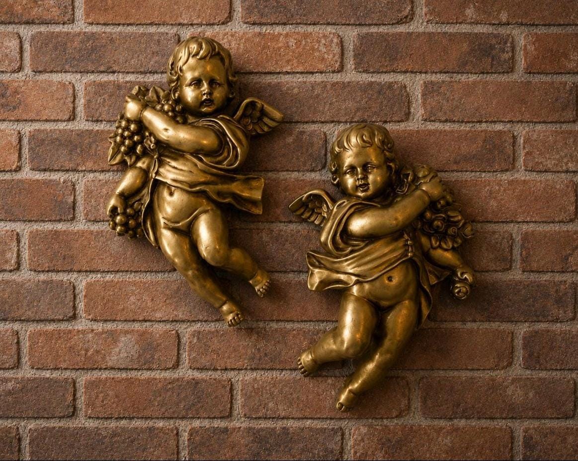 Gold Chalkware Cherub Wall Decor Set of 2 | Vintage Angel Wall