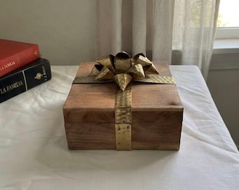 Wooden Gift Box with Metal Bow, Decorative Keepsake Box, Metal Ribbon Accent, Trinket Box Storage, Unique Present Box