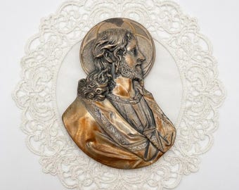 Vintage Metal Jesus Christ Wall Plaque Relief 10313 Made in USA Christian Home Decor