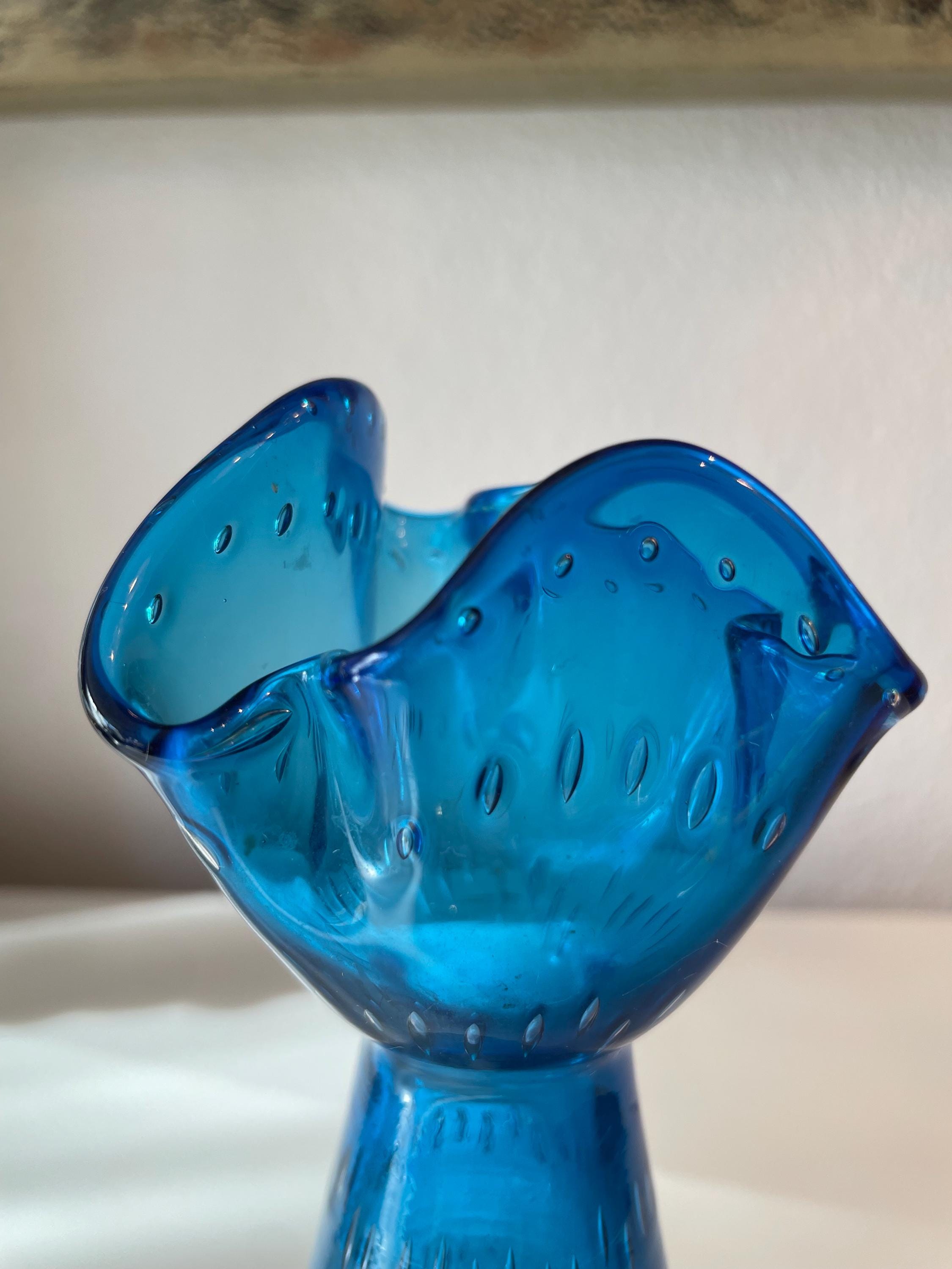 ヴィンテージ手吹きガラス花瓶 ブルー フリルエッジ | フリルエッジ