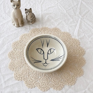 Handmade Ceramic Cat Face Bowl, Studio Pottery Catchall Dish, Minimalist White & Blue Whiskers Cat Art, Quirky Kitchen or Desk Decor