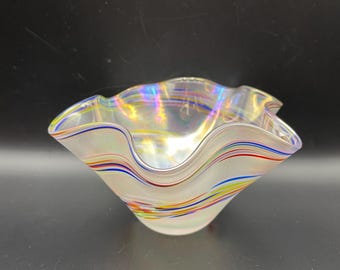 Hand Blown Rainbow Swirl Art Glass Bowl, Iridescent Ruffled Edge Bowl, Pearlescent Dish
