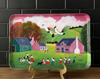Vintage Edoardo Ghisla Folk Art Plastic Tray, Naive Village Scene with Storks, Made in Italy Retro Serving Tray