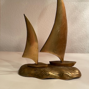 Vintage Brass Double Sailboat Figurine | Brass Nautical Ship Sculpture Figurine Sail Boat | Great Gift for Father