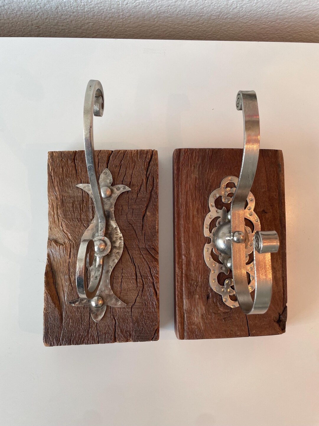 Rought Iron Wall Hook Wooden Base Viva Terra Set of 2 | 2 Silver Tone ...