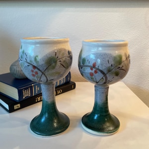 Gorgeous Hand Made Ceramic Wine Goblets Set of 2 | 2 Hand Thrown Pottery Wine Chalices Painted Landscape Trees Flowers | Signed Pottery