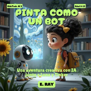 以下が含まれることがあります： 漫画の女の子とロボットが描かれたイラスト画像。「PINTA COMO-UN BOT」の文字が緑色で表示され、「Una aventura creativa con IA junto a Luna y Tinker」と「E. RAY」も表示されています。背景には絵画のある窓と本棚があります。