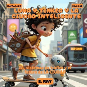 May include: An illustration featuring a girl on a skateboard and a robot in a city environment. The image includes text in Spanish: "LUNA Y TINKER Y LA CIUDAD INTELIGENTE" and "IA, sistemas de tráfico y el futuro de LA CIUDAD". The girl is wearing a yellow top and a backpack.