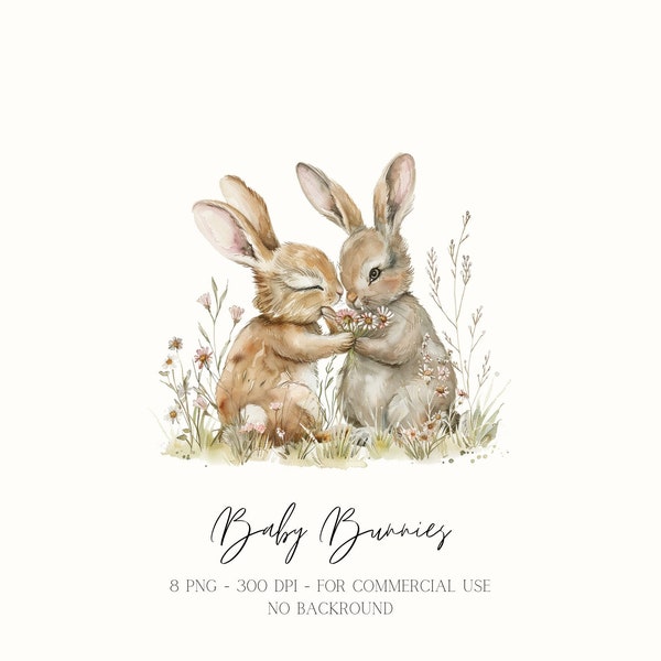 Aquarell Baby Häschen, Hase mit Blumen Clipart, Baby Hase, Tierbabys, Frühling PNG Grafik, Ostern Clipart, Gänseblümchen, Download, PNG