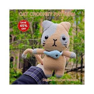 Big Patchwork Calico Cat Crochet Pattern PDF, 28cm Chunky Amigurumi Cat with Mini Fish Bag Tutorial, Giant Plush Cat Pattern