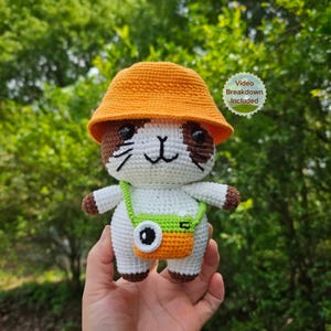 May include: A handmade crochet cat doll wearing an orange hat and a green and orange camera bag. The cat has brown and white markings and black eyes. The doll is held in front of a green leafy background. The text "Video Breakdown Included" is in the background.