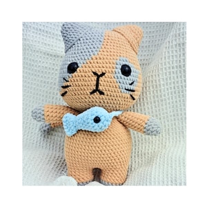 Big Patchwork Calico Cat Crochet Pattern PDF, 28cm Chunky Amigurumi Cat with Mini Fish Bag Tutorial, Giant Plush Cat Pattern
