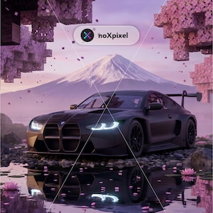 May include: A black sports car with a spoiler is reflected in a body of water with lily pads and pink flowers. The car is set against a backdrop of a snow-capped mountain and pink-flowered trees. The image includes the text "noXpixel".