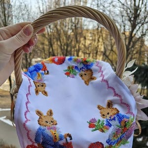 Handmade Beaded Easter Basket Towel: Bunnies & Pysanky Eggs