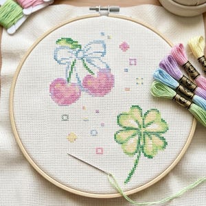 Cherry Clover Cross Stitch Pattern, Kawaii Fruit Embroidery, Pastel Shamrock Bow (PDF Download)