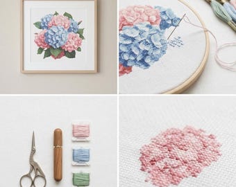 Hydrangea Cross Stitch Pattern | Pink Blue Floral Embroidery PDF | Cottagecore Flower Bouquet
