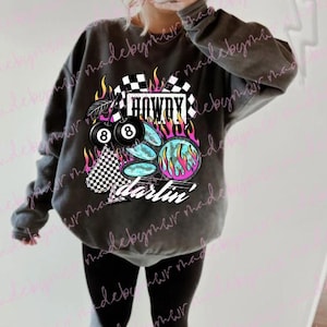 Edgy Western Graphic Tee: Howdy Darling, 8 Ball Flames