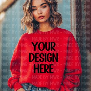 Gildan Red Mockup, Valentines Day Crewneck Mockup, Love Themed Sweatshirt Mockup Design, Woman Model, Digital Download, Trendy Mockup