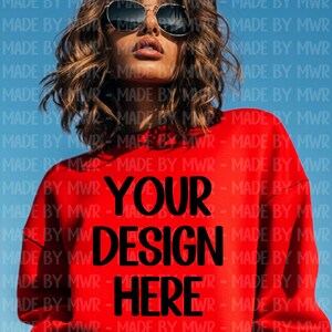 Gildan Red Mockup, Valentines Day Crewneck Mockup, Love Themed Sweatshirt Mockup Design, Woman Model, Boho Mockup, Edgy Mockup
