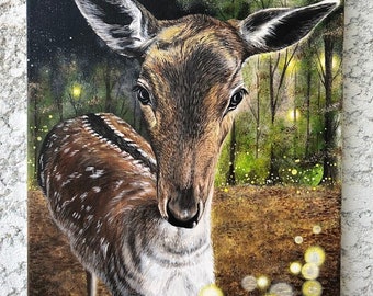 Peinture acrylique originale, « La forêt enchantée, le cerf et les lucioles ». Peinture naturelle, art magique, détaillé et beau