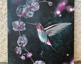 Pintura acrílica original, 'Colibrí en las estrellas', orquídeas, pájaros, pintura de la naturaleza, arte de la vida silvestre, rosa, mágico