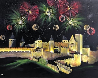 Peinture acrylique originale, « Carcassonne, 14 juillet », monument historique, château, feux d'artifice, célébration, souvenir