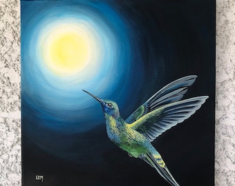 Origineel Acrylschilderij, 'Towards the Light, Hummingbird' Natuurschilderij, prachtige kunstwerken, vogels