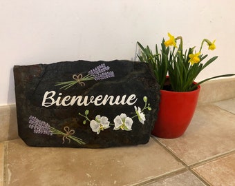 Gartendekoration, Schiefermalerei „Bienvenue“.