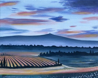 Original Acryl-Landschaftsgemälde, Berge, Weinberge, Morgenlicht