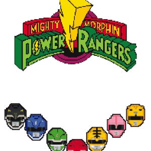 Pode incluir: O logotipo do Mighty Morphin Power Rangers com um raio amarelo e as palavras "Mighty Morphin Power Rangers" em vermelho, verde e branco. Abaixo do logotipo, seis capacetes de Power Rangers em diferentes cores: preto, azul, verde, vermelho, amarelo e rosa.